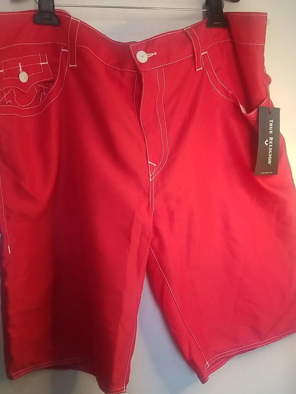 True Religion Men’s Bright Red Shorts with White Stitching
